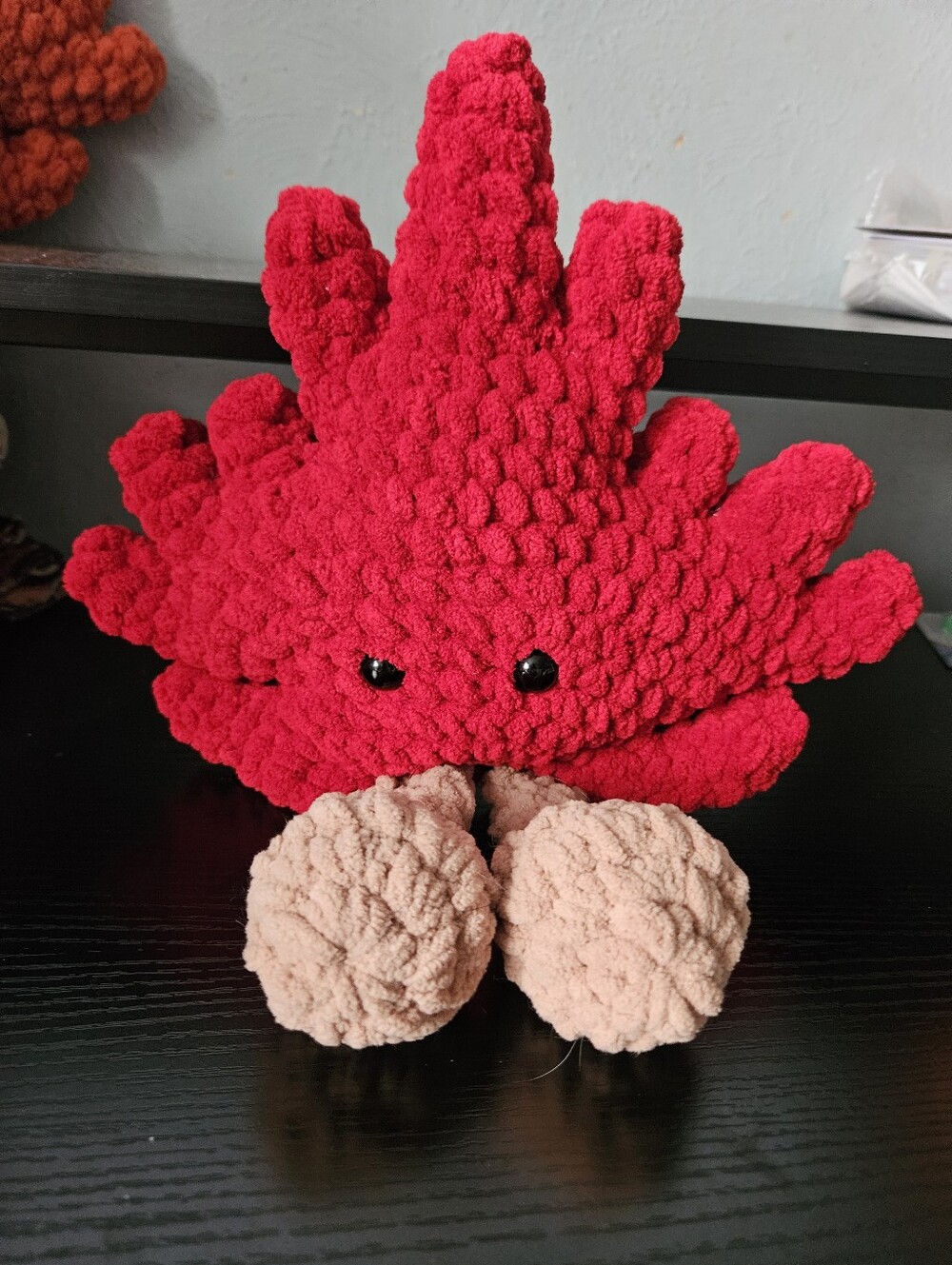 Hand Crafted Red Coral Plush with Tan Barnacle Accents